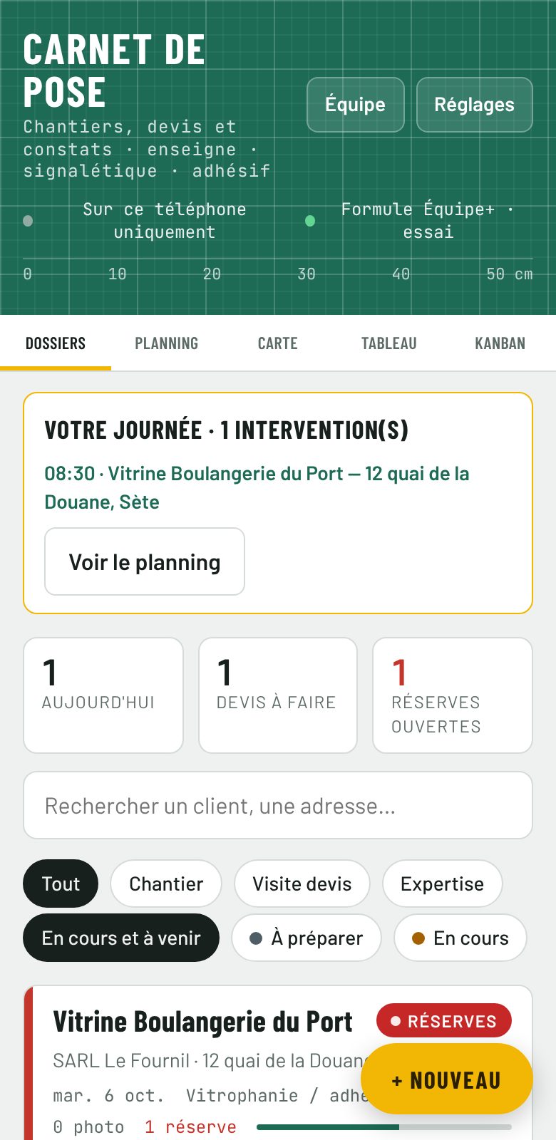 Liste des dossiers, dont une visite devis